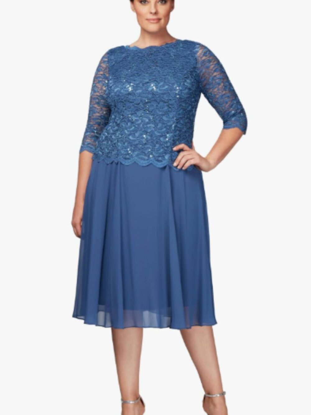 Alex Evenings Women's Tea Length Sequin Lace Mock Dress 22W